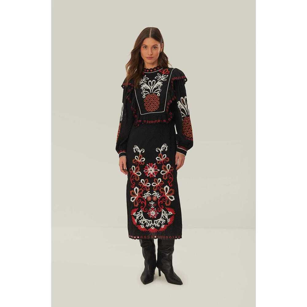 FARM Rio Black Maxi Dress with Red and White Embroidery